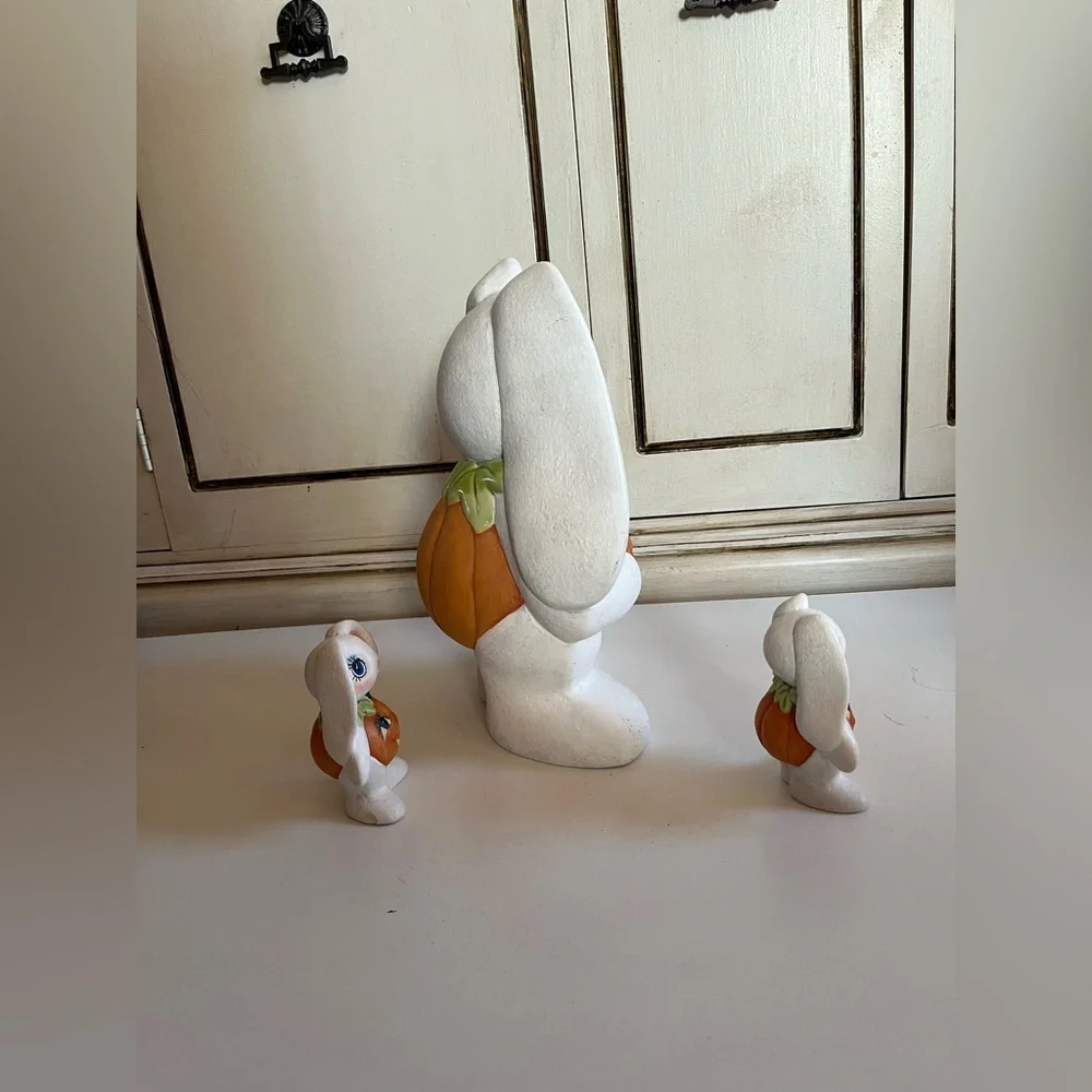 Vintage Easter Halloween Rabbit Bunny Figurines w/pumpkin stomach ceramic decor